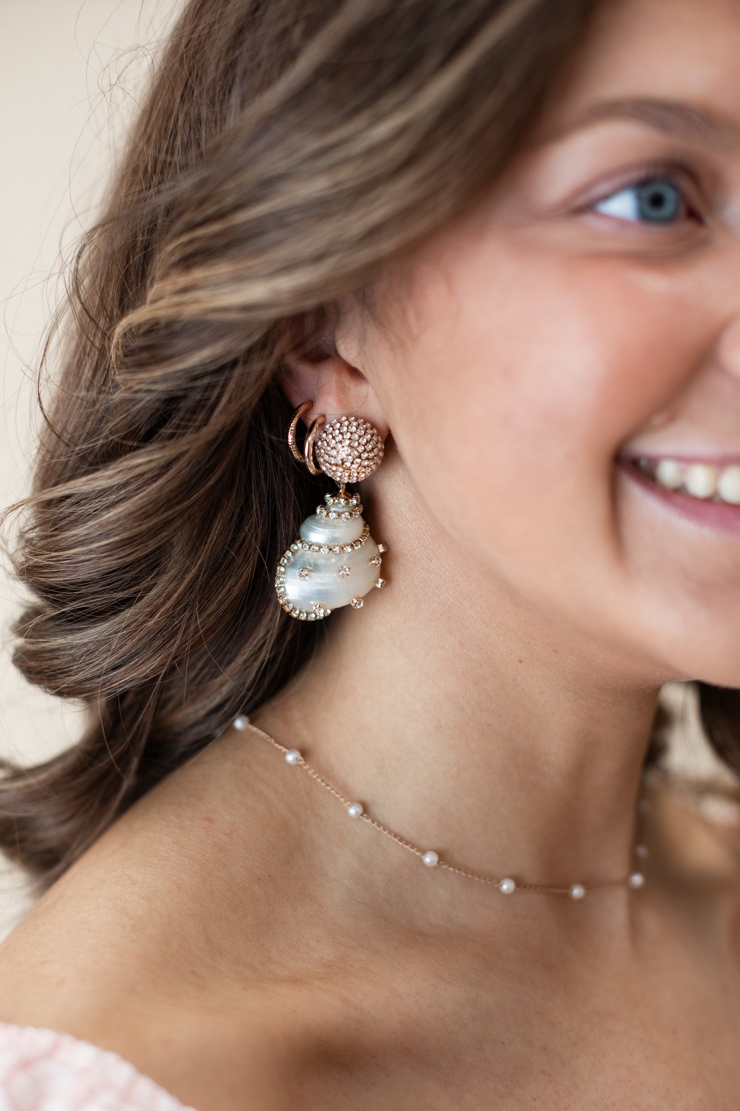 Rhinestone Wrapped White Shell Statement Earrings